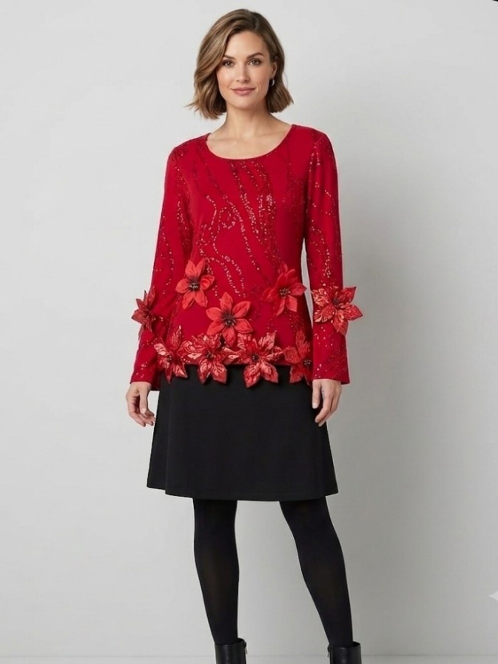 Sparkly Red Christmas Crop Top S Poinsettias Upcycled Holiday